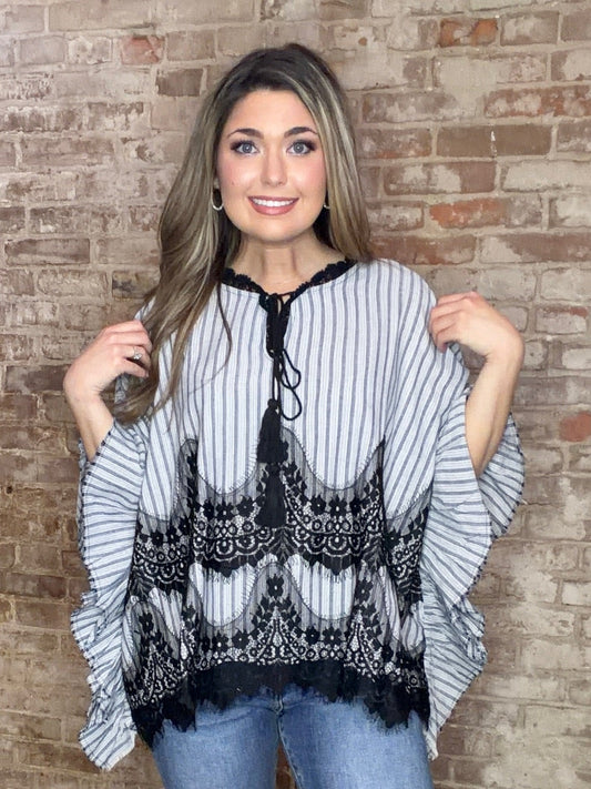 Ruffle Hemmed Lace Mix Stripe Top