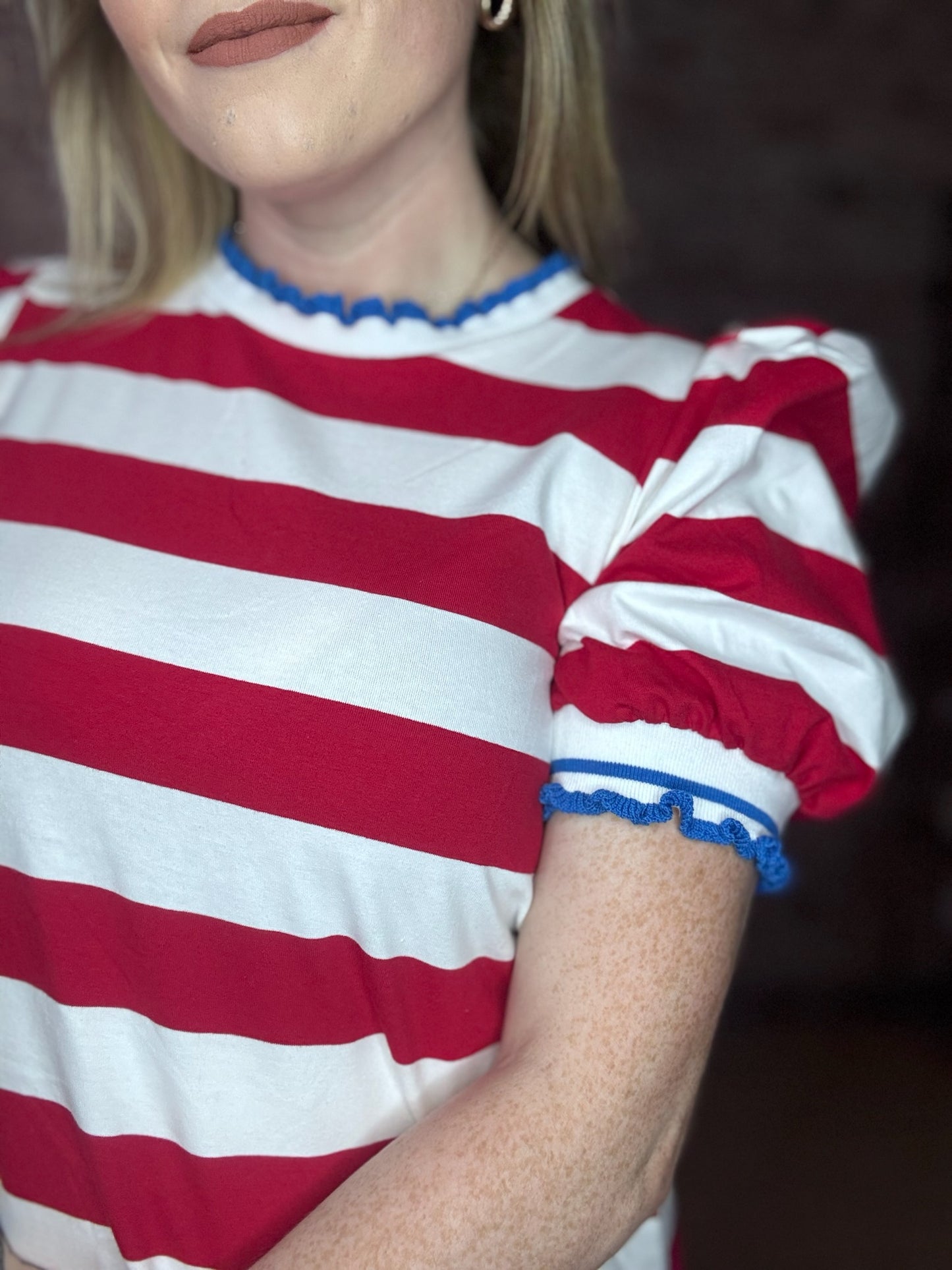 Red Stripe Puff Sleeve Dress