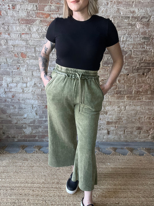 Acid Washed Fleece Sweatpants With Pockets ~ Olive