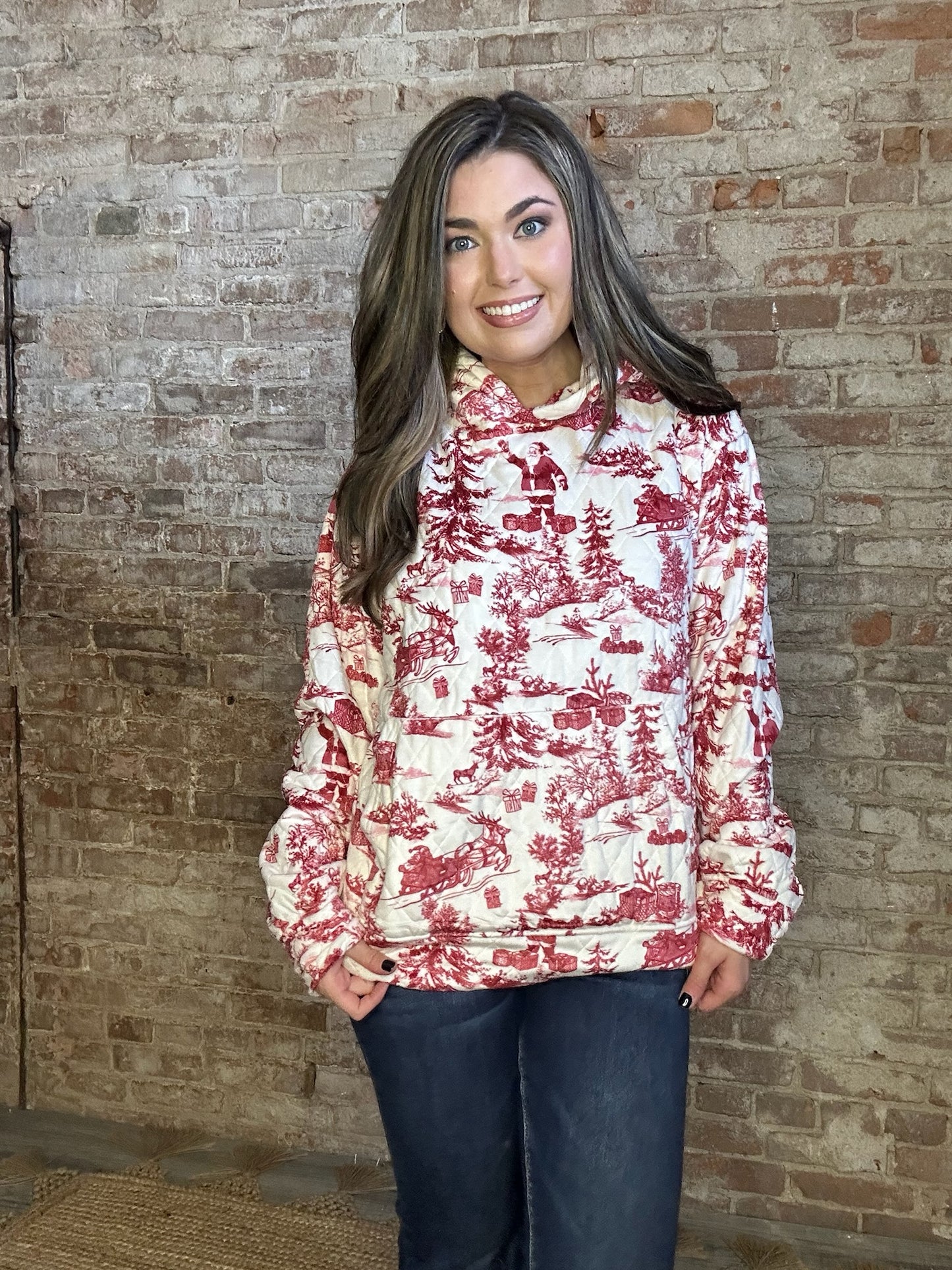 Vintage Christmas Print Quilted Sweatshirt ~ Red