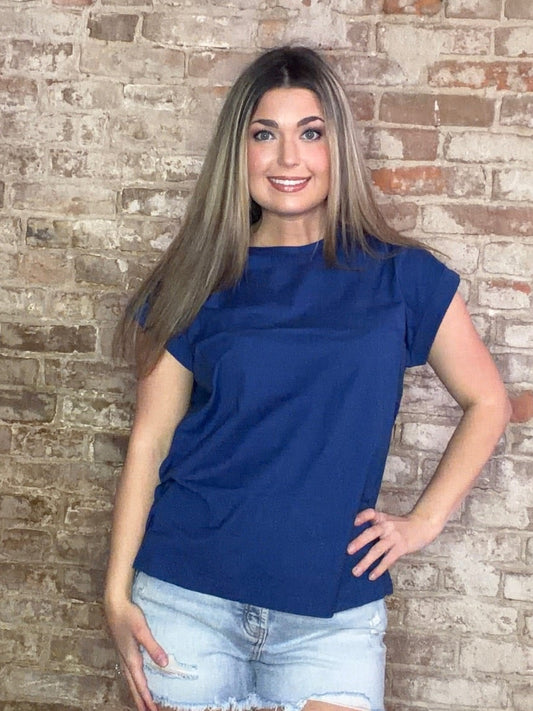 Round Neck Folded Short Sleeve T-shirt ~ Navy
