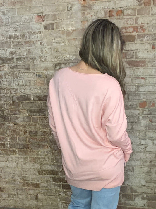 Soft Front Seam V Neck Sweater ~ Carnation