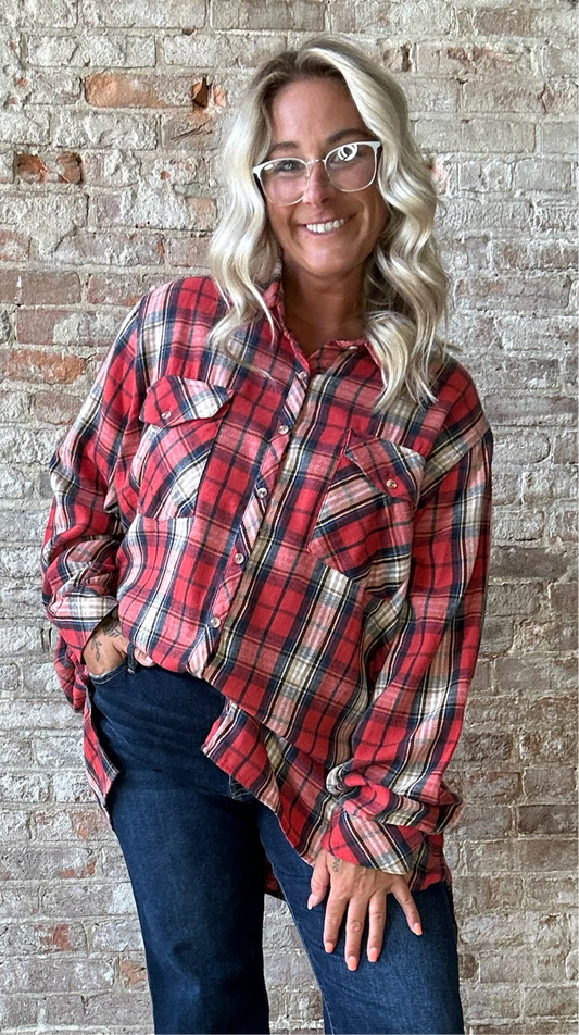 Curvy Plaid Soft  Long Sleeved Flannel ~ Red