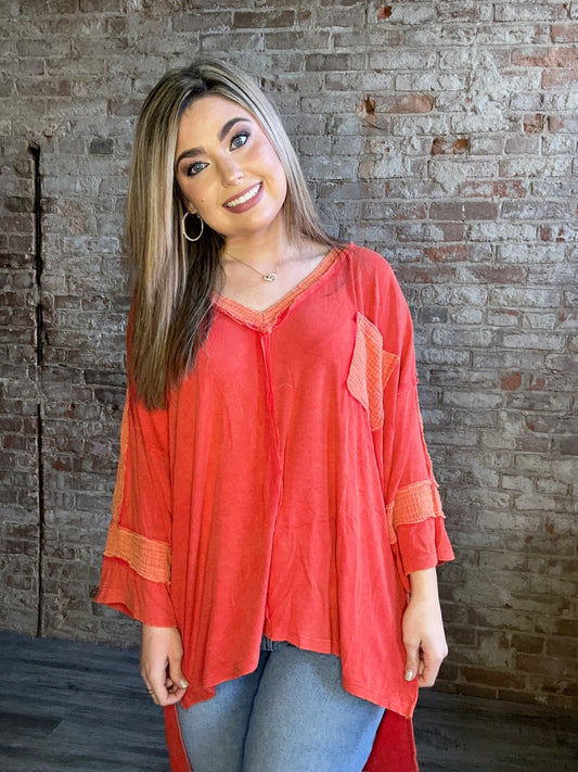 Oversized Multi Textured High Low V-Neck