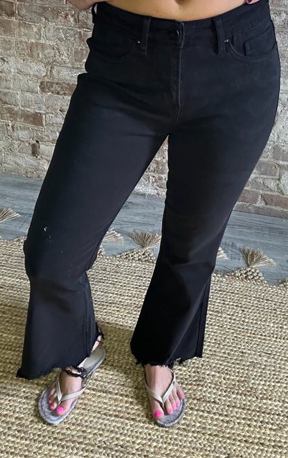 High Rise Crop Flare with Uneven Hem Black Jeans