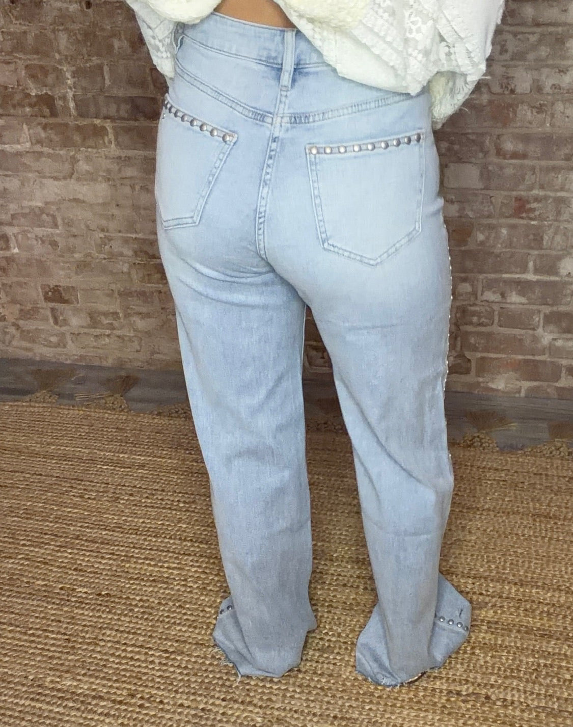 High Rise Wide Leg Studded Raw Hem Jeans