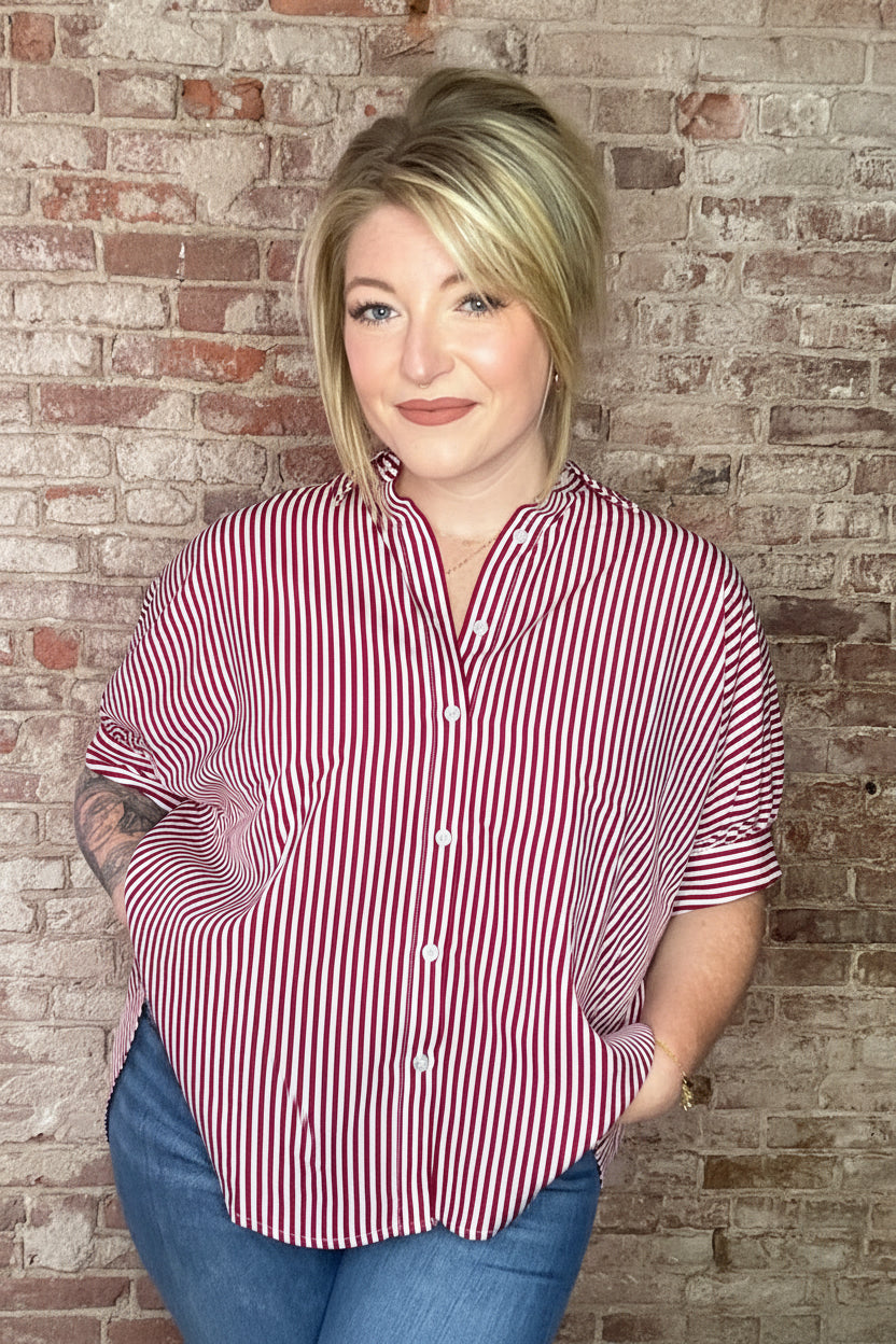 Oversized Short Sleeve Button Down Shirt ~ Red