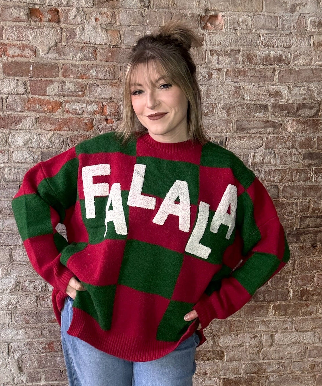 FALALA Checkered Christmas Sweater ~ Red and Green