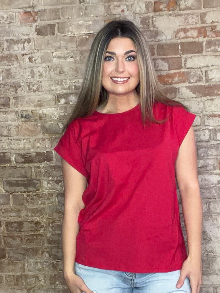 Round Neck Folded Short Sleeve T-shirt ~ Ruby Red
