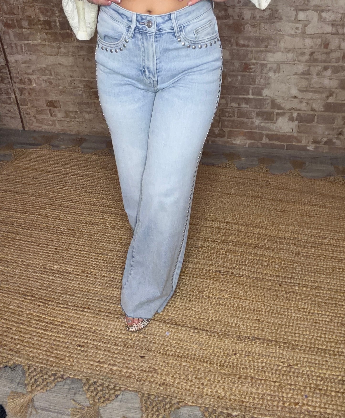 High Rise Wide Leg Studded Raw Hem Jeans