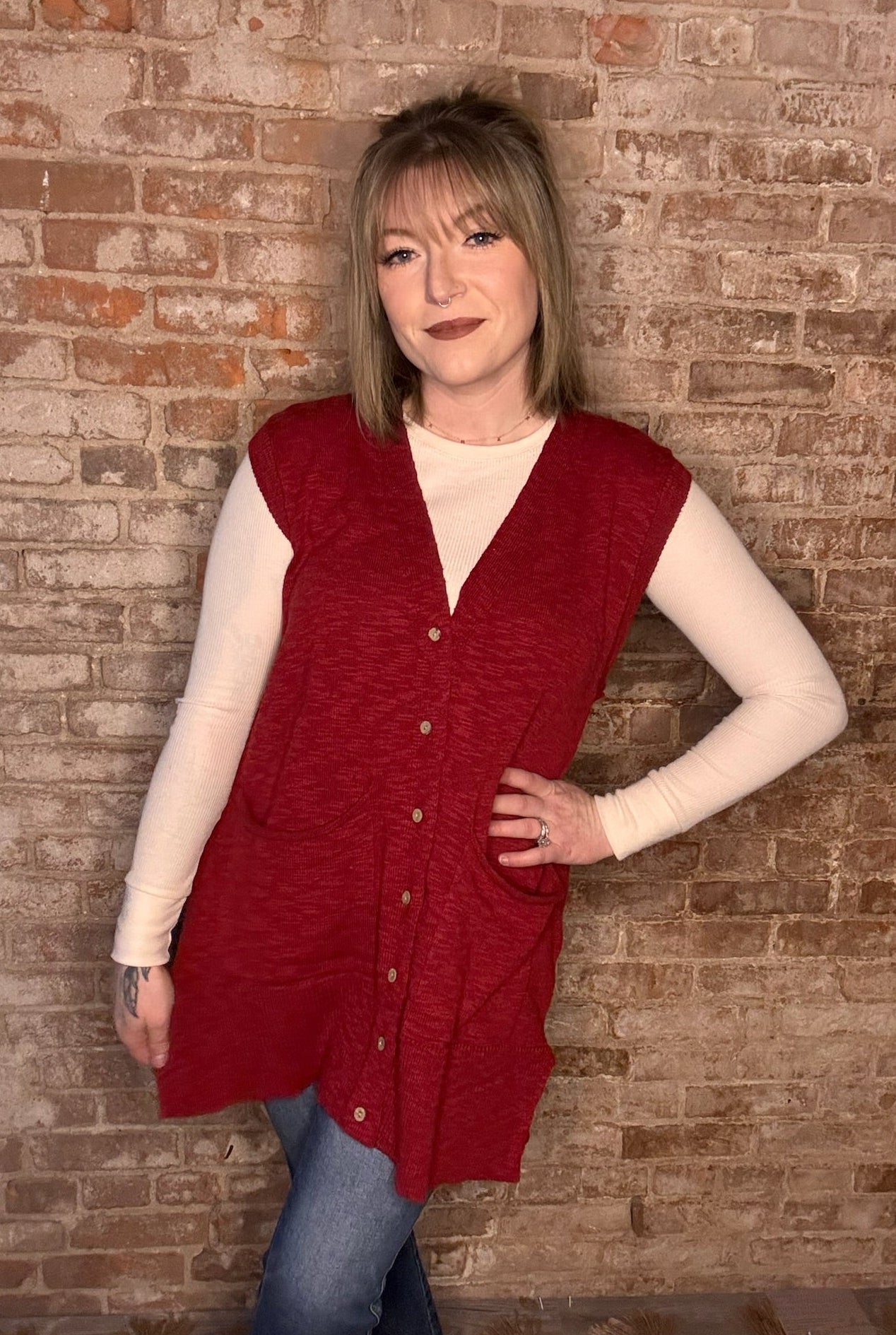 V-Neck Button Down Knit Sweater Vest ~ Red
