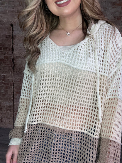 Contrasting Color Match Oversized Knit with Hood