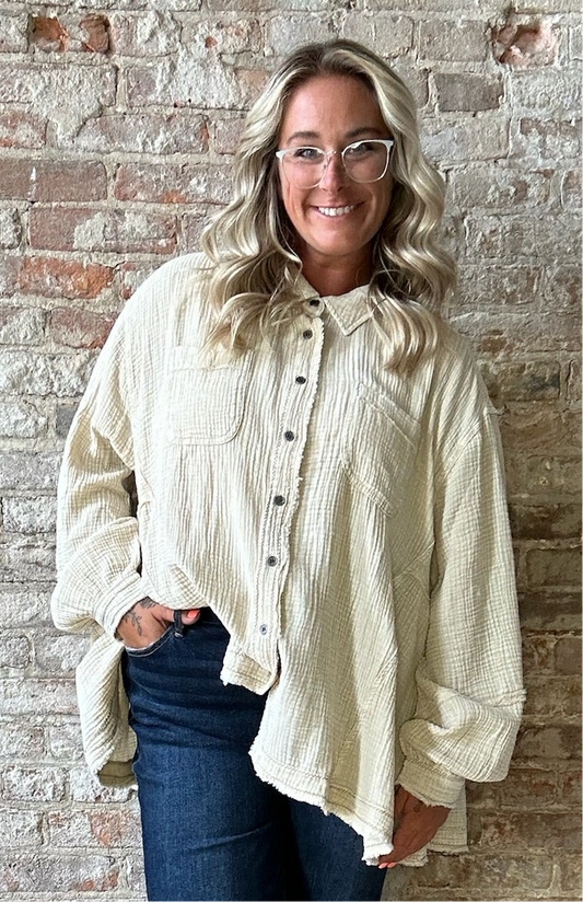 Curvy Button Down Washed Cotton Gauze Shirt