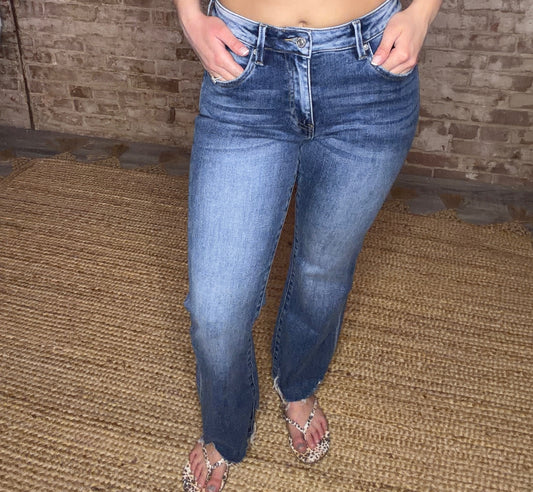 High Rise Ankle Flare with Raw Hem