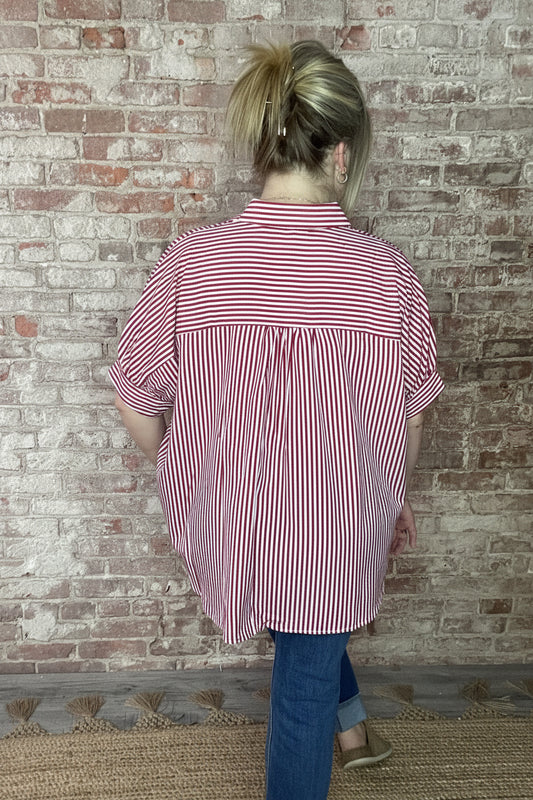 Oversized Short Sleeve Button Down Shirt ~ Red