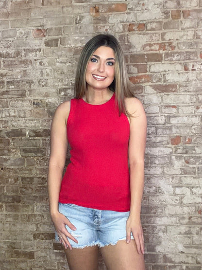 Ribbed Round Neck Tank Top ~ Red