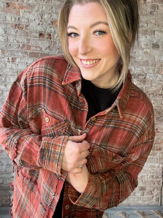 Mineral Washed Plaid Flannel Shirt ~ Rust
