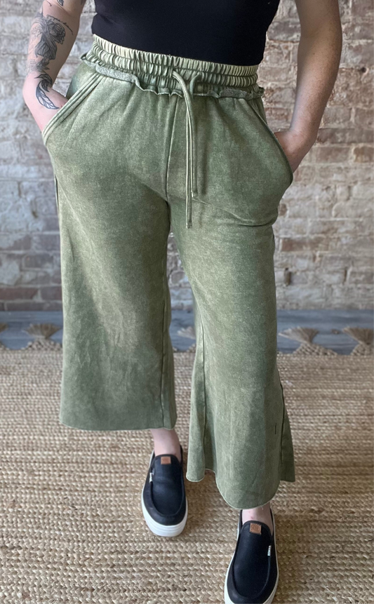 Acid Washed Fleece Sweatpants With Pockets ~ Olive