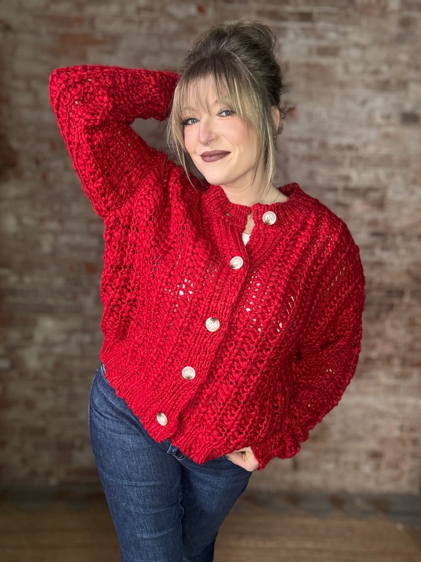 Chunky Knit Cardigan ~ Red