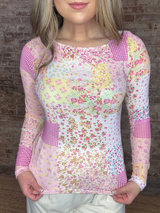 Patchwork Mesh Long Sleeved Top