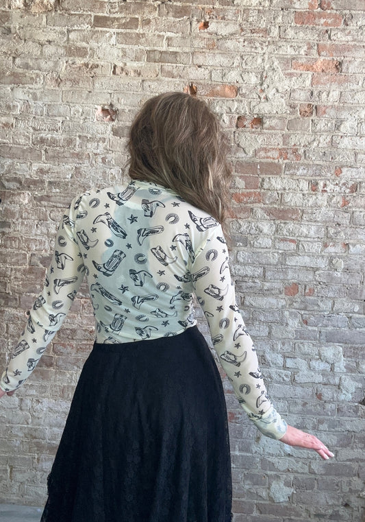 Cowboy Boots And Star Print Layering Mock Neck  Bodysuit