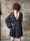 Satin V-Neck Pleated Dress ~ Black