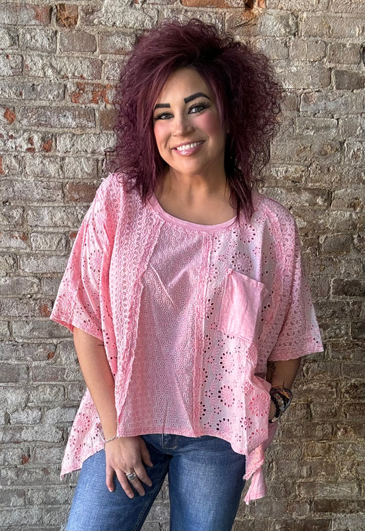 Sweet Washed Eyelet Top ~ Pink