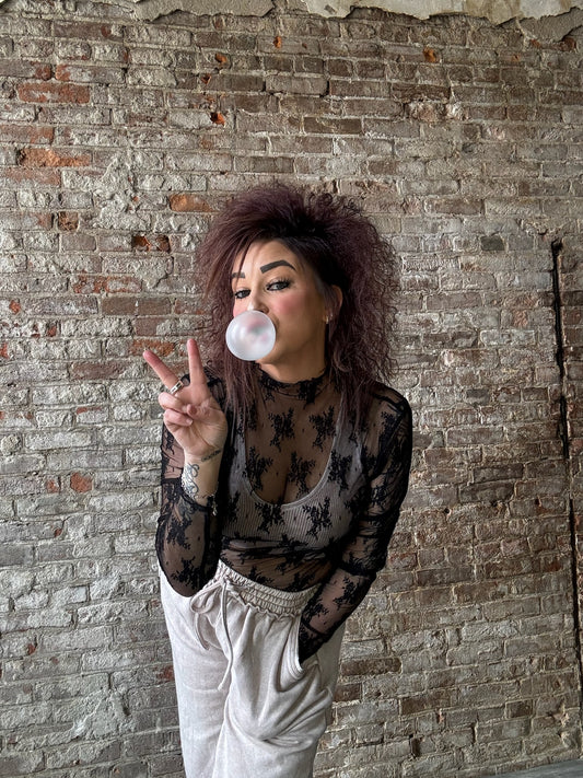 Long Sleeved Sheer Lace Mesh  Layering Top ~  Black