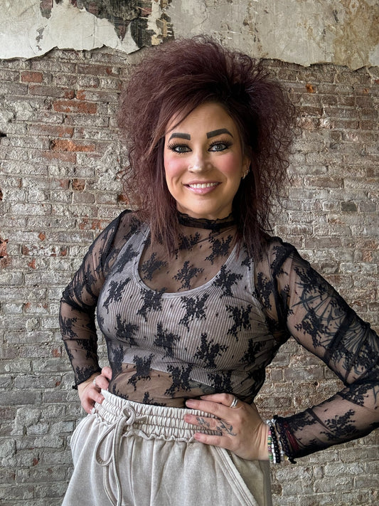 Long Sleeved Sheer Lace Mesh  Layering Top ~  Black