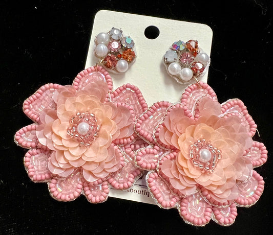 Jeweled Floral Bead Mix Drop Earrings: Pink