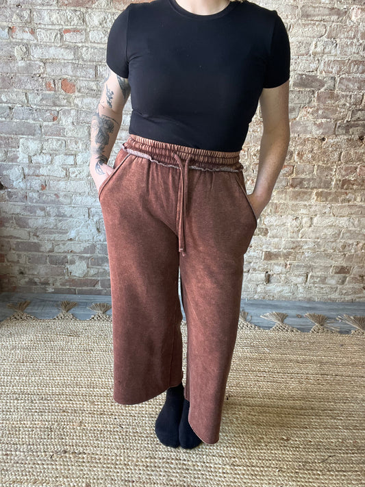 Acid Wash Fleece Palazzo Sweatpants With Pockets ~ Brown