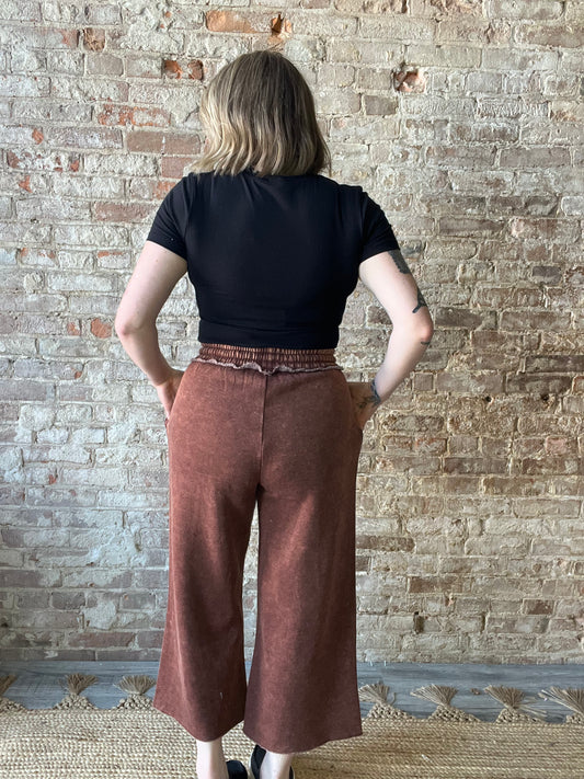 Acid Wash Fleece Palazzo Sweatpants With Pockets ~ Brown