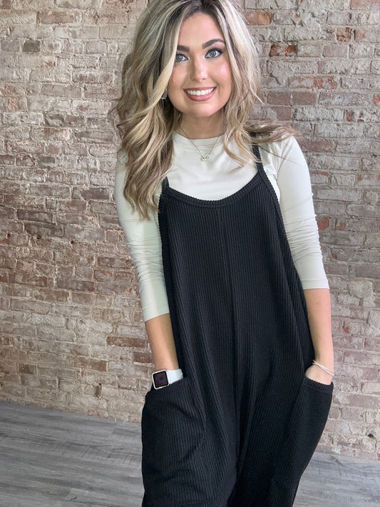 Wave Ribbed Jumpsuit with Pockets ~ Solid  Black