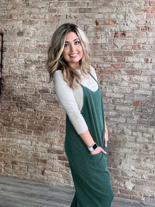 Wave Ribbed Jumpsuit with Pockets ~ Dark Green