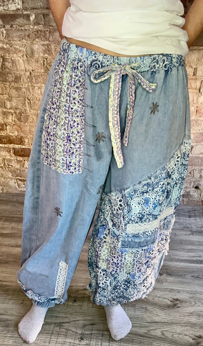 Sweet Mixed Textured Patchwork Denim Pants
