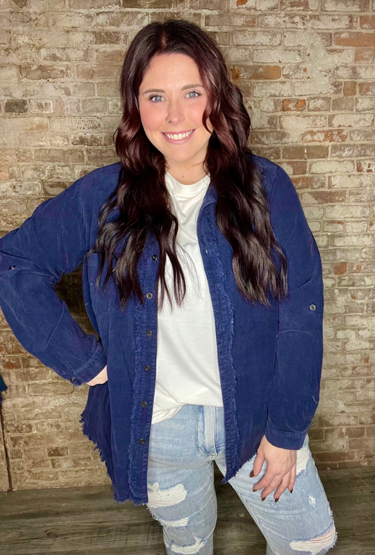 Curvy Vintage Washed Corduroy Shacket ~ Navy