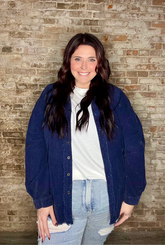 Curvy Vintage Washed Corduroy Shacket ~ Navy