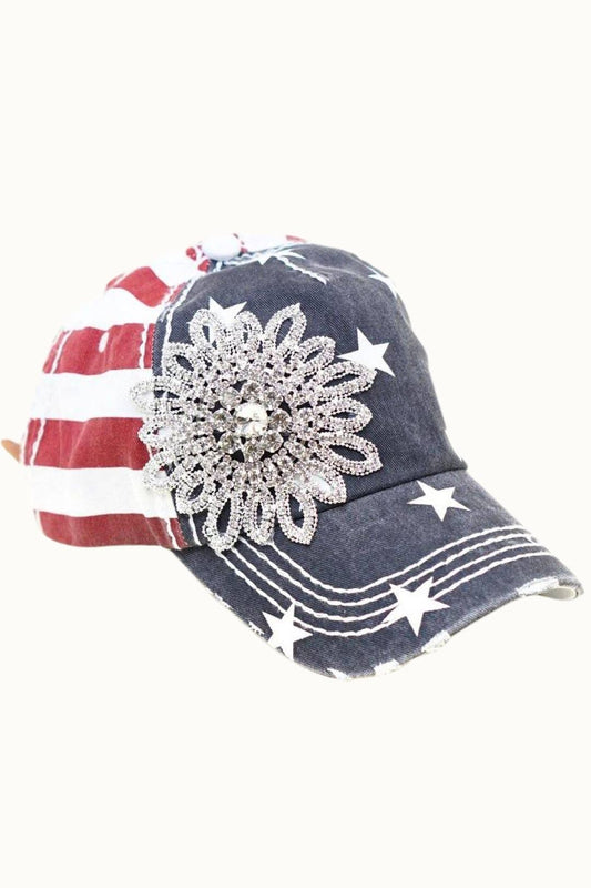 Sunflower Rhinestone Bejeweled Glitz USA Cap, Adjustable