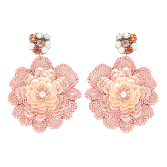 Jeweled Floral Bead Mix Drop Earrings: Pink